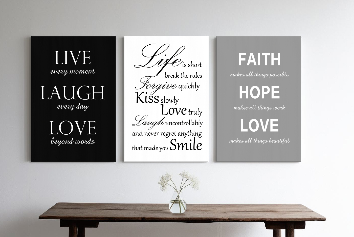 Tekst op canvas in de kleuren zwart, wit en grijs