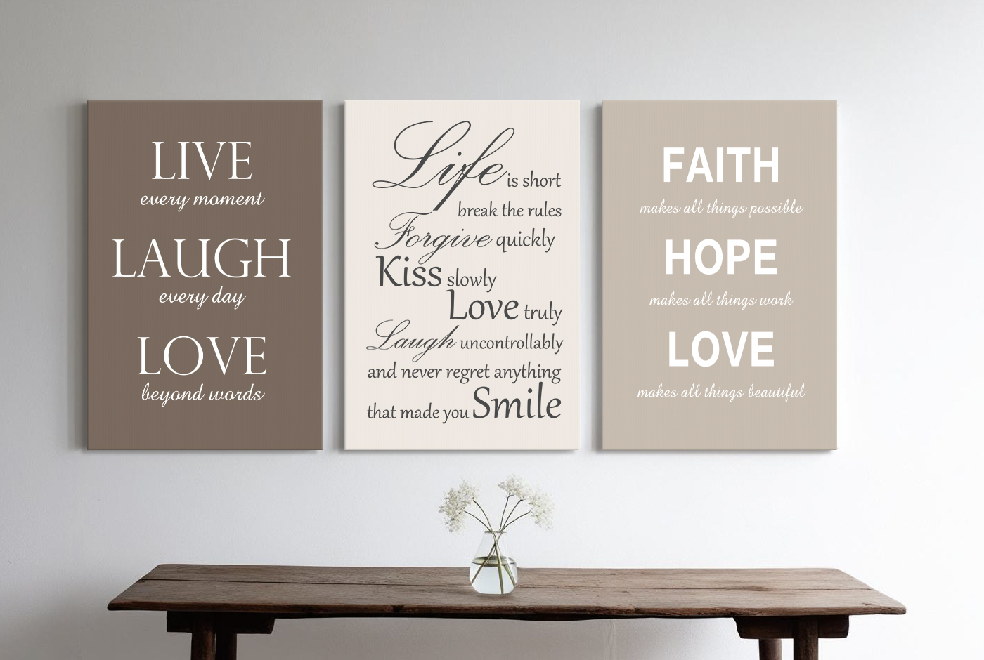 Tekst op canvas in de kleuren taupe, ecru en beige