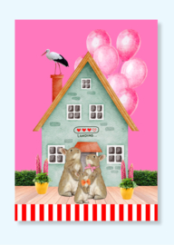 Hoera, een klein zusje! Felicitatiekaart voor zwangerschap, tweede kindje. Licht roze.