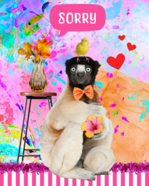 Sorry ansichtkaart met aap en bloemen. Wie stuur jij deze leuke sorry wenskaart?