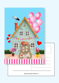 Licht blauwe zwangerschaps ansichtkaart met konijntjes en roze ballonnen.