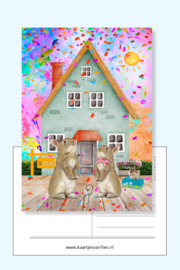 Hoera, een nieuw thuis! Verhuiskaart met konijnenfamilie en feestelijk huisje.