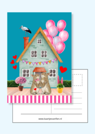 Blauwe zwangerschaps ansichtkaart met konijntjes en roze ballonnen.