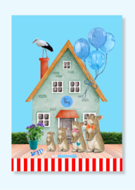 Liefde groeit. Lichtblauwe zwangerschapskaart met huisje, ooievaar en schattige konijntjes