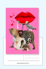 Roze dieren ansichtkaart met tijger, vogels, egel en een aap.