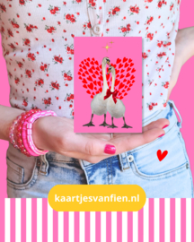 Verliefde zwanen in een romantische roze, rode hartjes ansichtkaart.