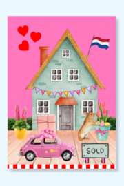 Verhuiskaart voor een vrouw met haar eigen thuis.