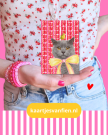 Liefdevolle kat met strik en kanarie. I love you wenskaart in het rood.