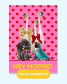 Hey moppie! Een lieve roze, rode postkaart met een knipoog en knuffels.