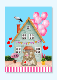Licht blauwe zwangerschaps ansichtkaart met konijntjes en roze ballonnen.