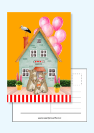 Hoera, een zusje op komst! Gele Felicitatiekaart voor een tweede zwangerschap.