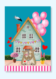 Blauwe zwangerschaps ansichtkaart met konijntjes en roze ballonnen.