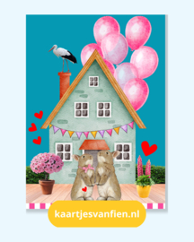 Blauwe zwangerschaps ansichtkaart met konijntjes en roze ballonnen.