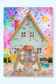 Hoera, een nieuw thuis! Verhuiskaart met konijnenfamilie en feestelijk huisje.