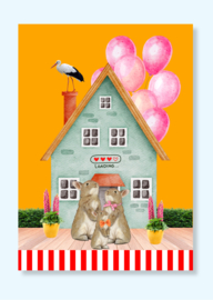 Hoera, een zusje op komst! Gele Felicitatiekaart voor een tweede zwangerschap.