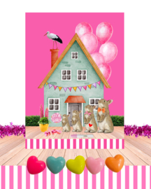 Zwangerschapskaart derde meisje. Liefde in overvloed. Donker roze.