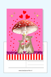 Liefdevolle roze, konijnen wenskaart samen onder de rode paddenstoel met witte stippen.