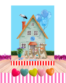 Liefde groeit. Lichtblauwe zwangerschapskaart met huisje, ooievaar en schattige konijntjes