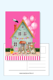 Zwangerschapskaart derde meisje. Liefde in overvloed. Donker roze.