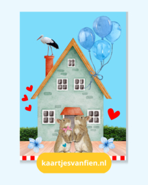 Hoera zwanger, een jongetje! Prachtige licht blauwe zwangerschapskaart om te verzenden naar de toekomstige ouders.