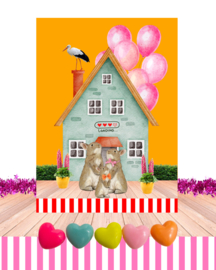 Hoera, een zusje op komst! Gele Felicitatiekaart voor een tweede zwangerschap.
