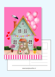 Roze Ballonnen & Konijntjes. A6 Ansichtkaart.