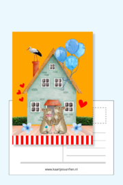 Hoera zwanger, een kleine jongen op komst. Stuur de toekomstige ouders een mooie gele zwangerschapskaart met blauwe balonnen.