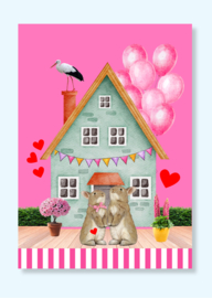 Roze Ballonnen & Konijntjes. A6 Ansichtkaart.