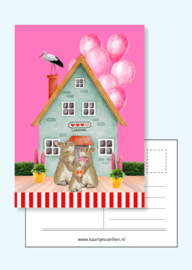 Hoera, een klein zusje! Felicitatiekaart voor zwangerschap, tweede kindje. Licht roze.