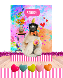 Sorry ansichtkaart met aap en bloemen. Wie stuur jij deze leuke sorry wenskaart?