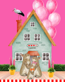 Vol verwachting klopt ons hart. Donkerroze zwangerschapskaart met ooievaar, konijntjes en liefde in de lucht