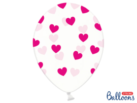 Ballonnen doorzichtig met donker roze hartjes (6st)