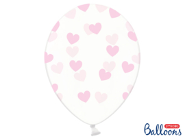 Ballonnen doorzichtig met licht roze hartjes (6st)