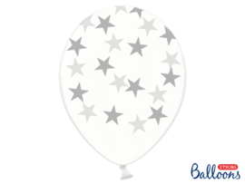 Ballonnen doorzichtig met zilveren, grote sterren 6 st