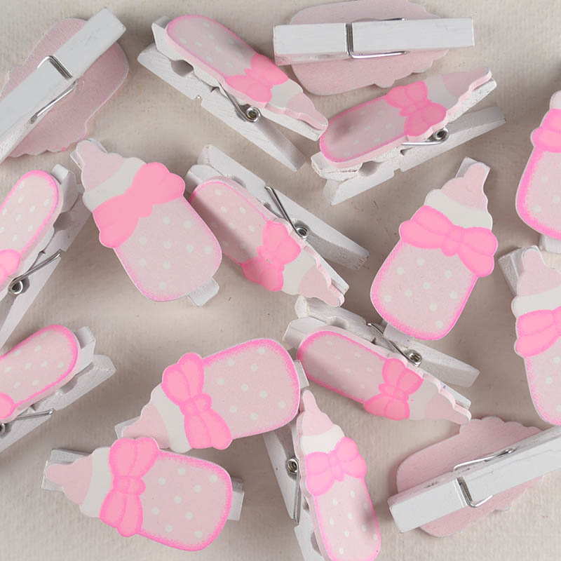 Houten Knijper Babyflesje – Roze met Wit