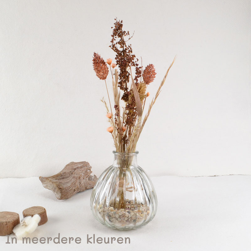 Boeketje Droogbloemen in Geribbeld Glazen Vaasje
