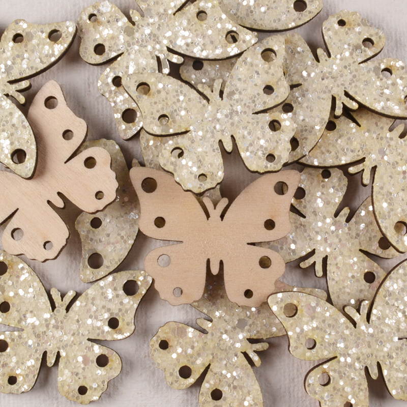 Vlindertje Hout – Blank met Gouden Glitters