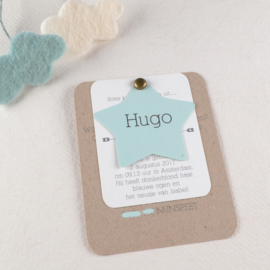 Geboortekaartje Hugo - 3 Labels met Splitpen