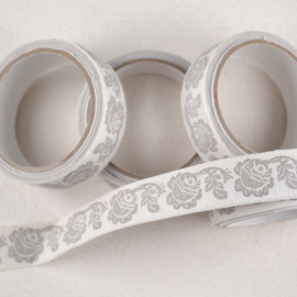 Stoffen Tape Wit met Rozenprint Grijs