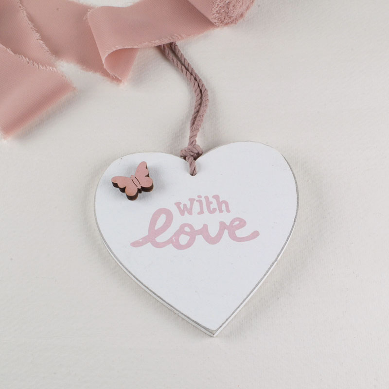 Houten Hartje ‘With Love’ Met Vlindertje in Oudroze