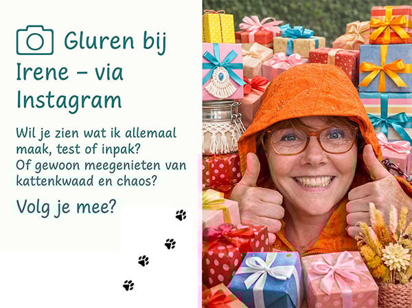 Irene van Create4joy tussen ingepakte cadeautjes met duimpjes omhoog