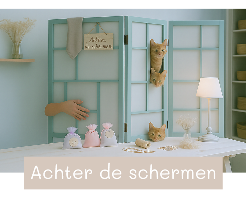Katten gluren nieuwsgierig achter een lichtblauw scherm – kijkje achter de schermen bij Create4joy