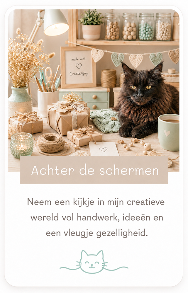 Creatieve werkplek van Create4joy met handgemaakte cadeautjes, materialen en kat Teun