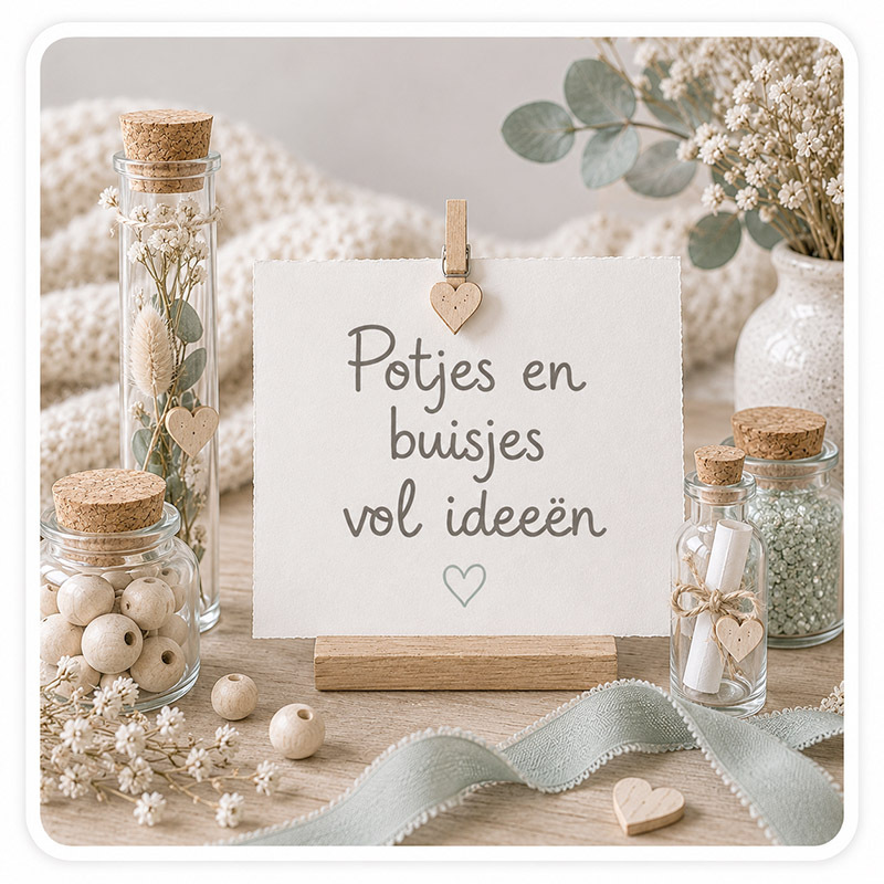 Sfeervolle tegel voor Potjes en buisjes vol idee&euml;n met glazen flesjes, droogbloemen, kralen en briefjes