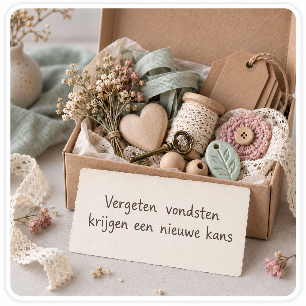 Open doos met lint, houten hart, labels en droogbloemen als vergeten vondsten uit Joy@home en Create@home