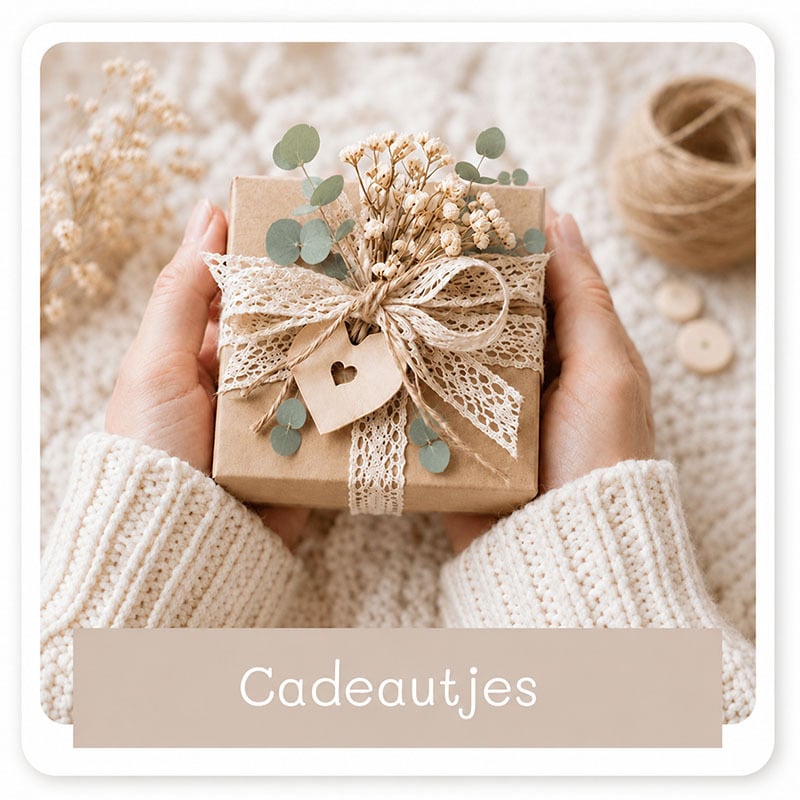 Lief ingepakt cadeautje met droogbloemen en kant, passend bij de cadeautjes van Create4joy