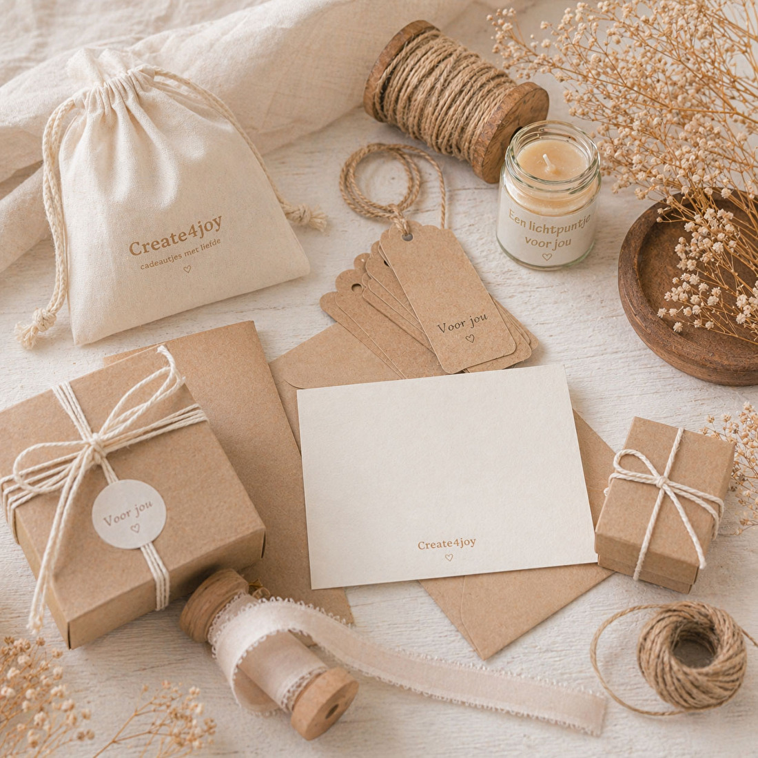 Cadeautje van kraftpapier met kaartje, zakje, touw en kaarsje in de stijl van Create4joy