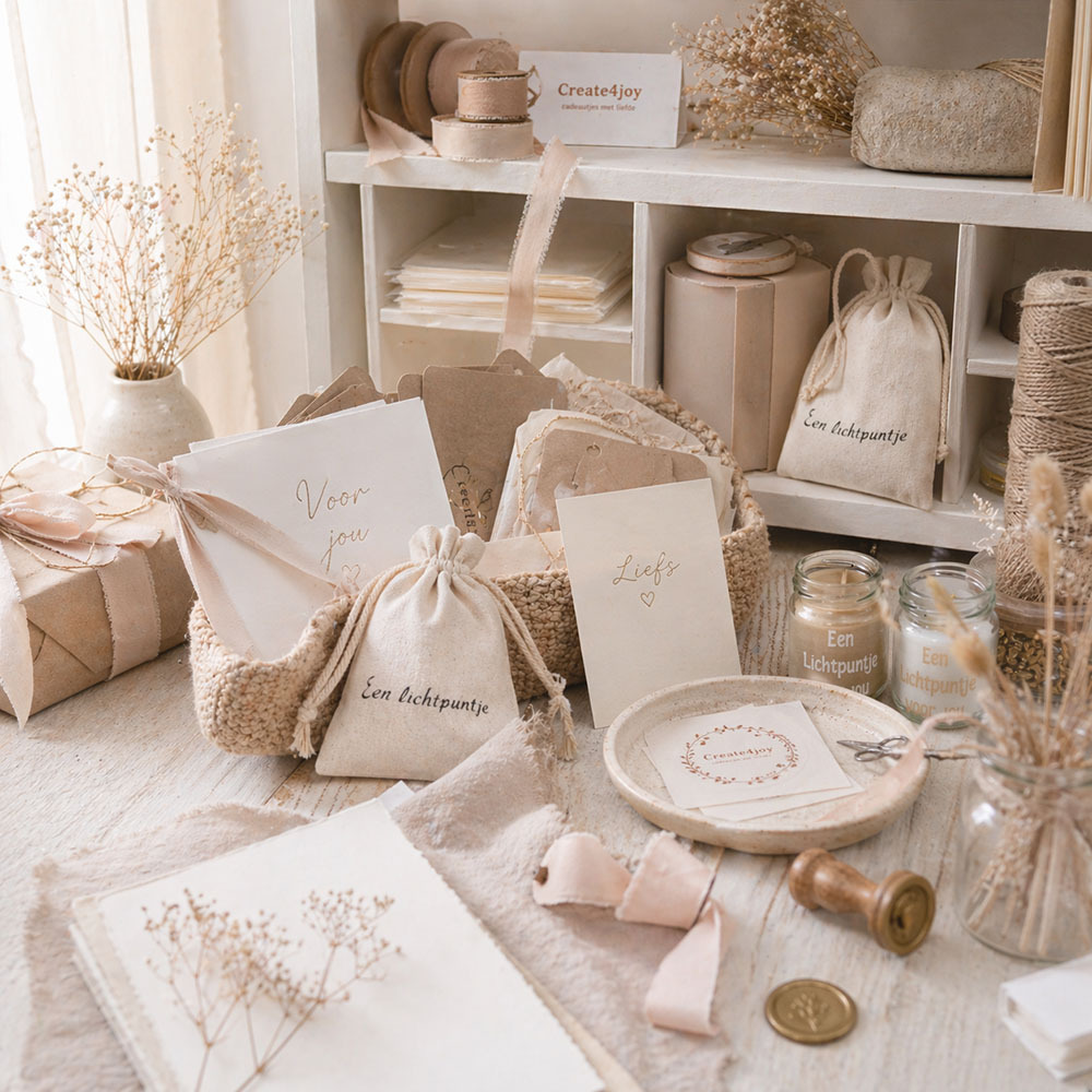 Sfeervolle werkplek van Create4joy met kaartjes, zakjes, kaarsjes, lint en droogbloemen