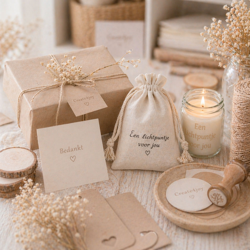 Create4joy styling met zakje, labels, kraftdoosjes, touw en een kaarsje met droogbloemen