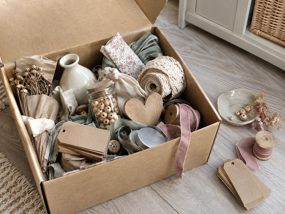 Geopende doos met vergeten lint, labels, kralen en woonaccessoires